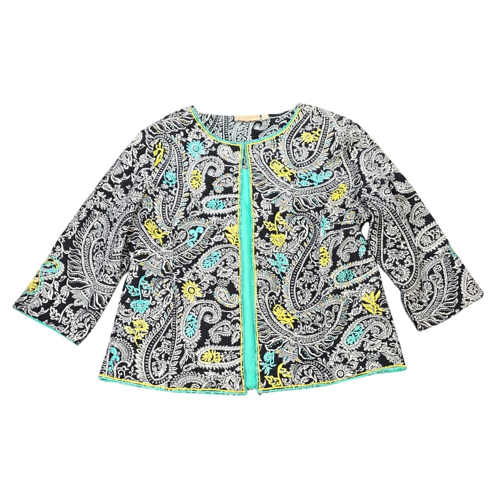 Choices Open Front Jacket Women's Size M Black Turquoise Yellow Paisley Beaded